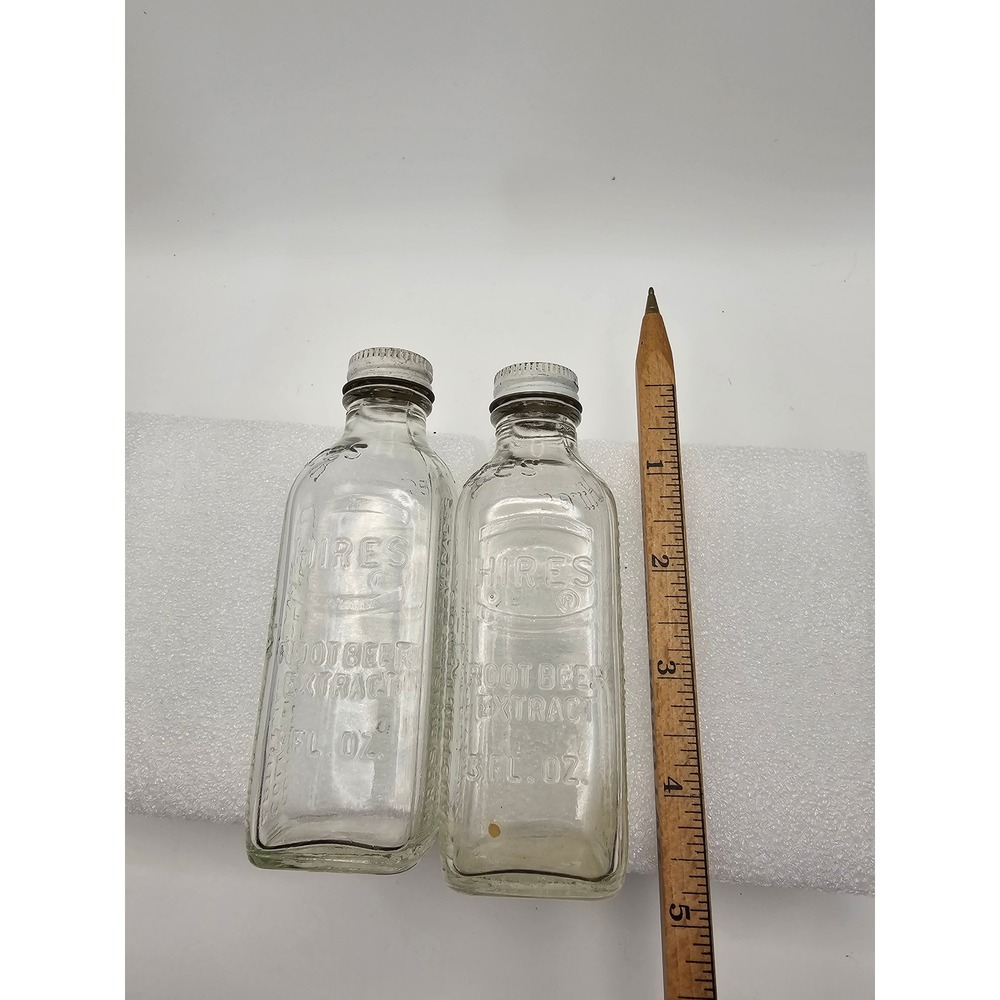 Vintage Hires Root Beer Extract Glass Bottles Set of 2 Embossed 3 oz Evanston IL